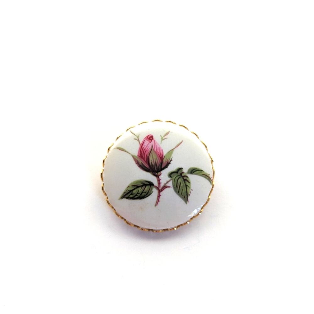 Vintage Romantic Ceramic Painted Rosebud Cameo Cottagecore Brooch